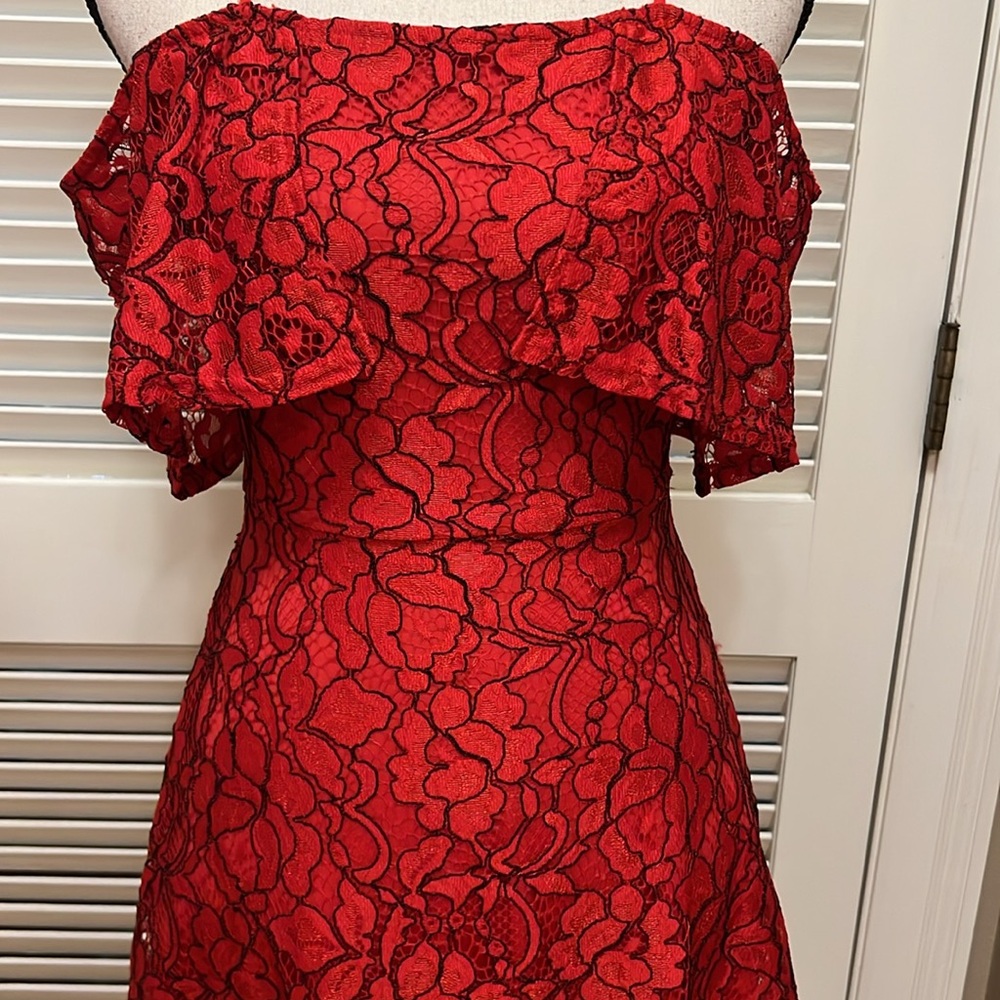 GB Dress~ Elegant Red Lace Off-Shoulder in Red with Black, Size XS, EUC - Picture 5 of 17